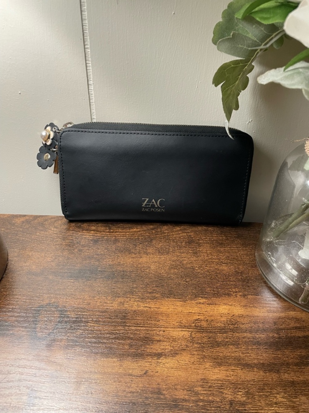 ZAC Zac Posen Black Leather Zip Wallet with Floral Zip Pulls